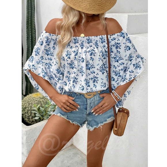 White Blue Floral Off Shoulder Top Flounce Ruffle Sleeve - Picture 5 of 7